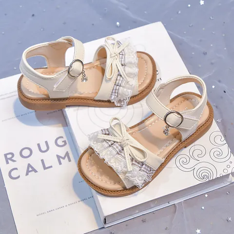 Girls Summer Lace Bow Princess Sandals Soft Sole Open Toe Elegant Beach Shoes Non-Slip Comfortable Fashion Kids Footwear
