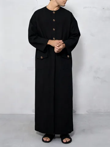 Tunica Musulmana da Uomo Tinta Unita Manica Lunga Girocollo Bottone Kaftan Arabo Islamico Etnico Tunica Larga con Tasche