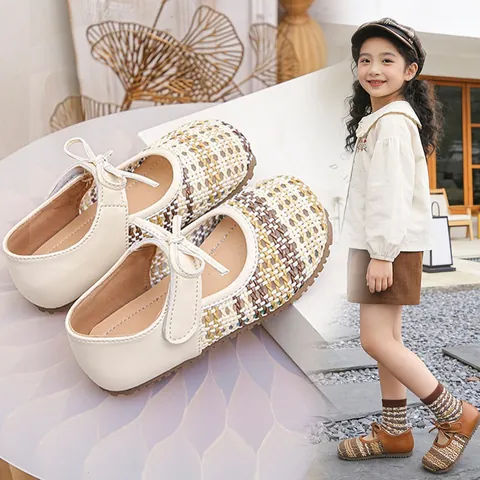 Girls Vintage Mori Style Woven Mary Jane Shoes Soft Sole Princess Shoes For Toddler Kids PU Leather Breathable Flat Shoes