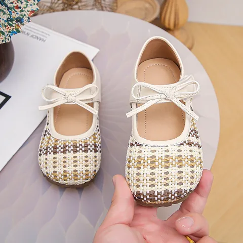 Girls Vintage Mori Style Woven Mary Jane Shoes Soft Sole Princess Shoes For Toddler Kids PU Leather Breathable Flat Shoes