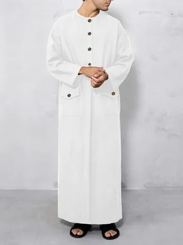 Tunica Musulmana da Uomo Tinta Unita Manica Lunga Girocollo Bottone Kaftan Arabo Islamico Etnico Tunica Larga con Tasche