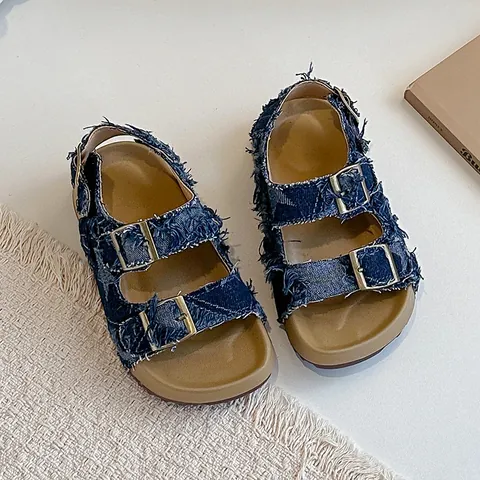 Toddler Girls Fashion Summer Sandals Casual Open Toe Flat Beach Shoes PU Leather Crocodile Pattern Denim Cow Print Hook And Loop Kids Shoes