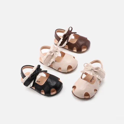 Baby Girls Princess Sandals Microfiber Leather Prewalker Shoes Bowknot Lace Hollow Out Anti-collision Beach Toddler Shoes