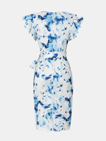 Damen Elegantes Midi-Kleid mit Blumendruck V-Ausschnitt Volantärmeln Bindegürtel Polyester Resort Urlaub Etuikleid