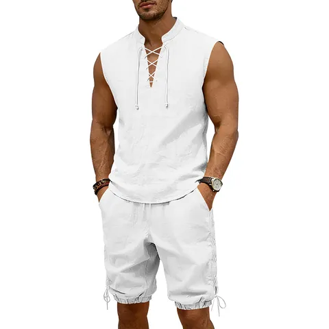 Men's Casual Linen Blend Two Piece Set Sleeveless Stand Collar Drawstring Top And Shorts Loose Fit Beach Vacation Outfit