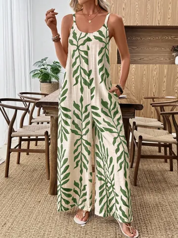 Combinaison pour Femmes Imprimé Feuilles Tropicales Col en V Décontractée Élégante Sans Manches Jambes Larges pour Vacances d'Été à la Plage Tenue Une Pièce