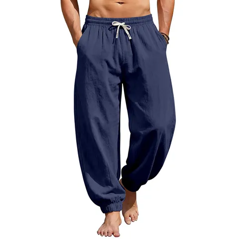Men's Linen Cotton Blend Casual Trousers Loose Fit Drawstring Elastic Waist Beach Jogger Pants Summer Breathable Solid Color Bottoms