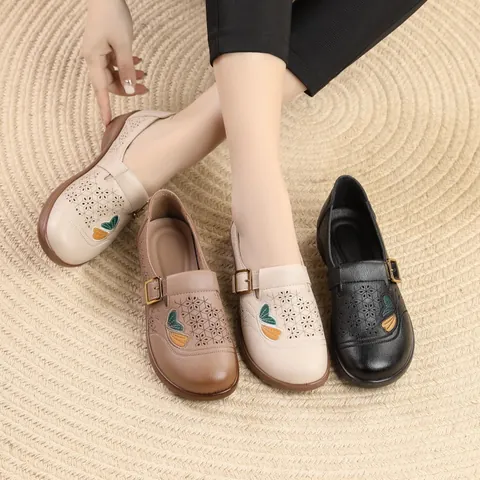 Women Casual Hollow Out Embroidered Loafers Middle Aged Comfortable Soft Sole Non Slip Slip On Shoes Synthetic Leather Mary Jane Flats