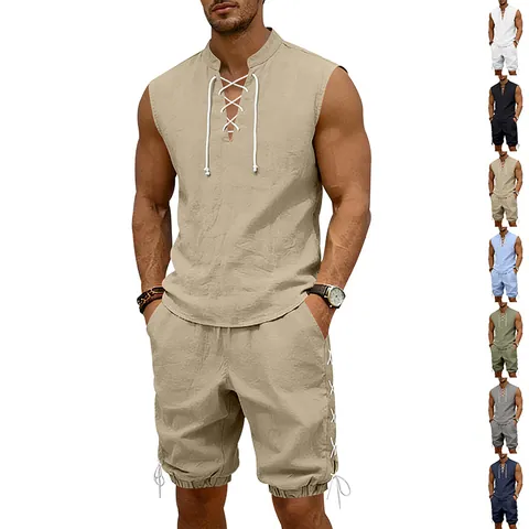 Men's Casual Linen Blend Two Piece Set Sleeveless Stand Collar Drawstring Top And Shorts Loose Fit Beach Vacation Outfit