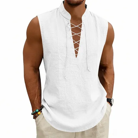 Men's Medieval Viking Vest Summer Linen Sleeveless Tank Top Retro V-Neck Drawstring Casual Loose Comfortable Lightweight Shirt