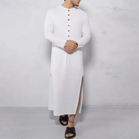 Uomo Tunica Lunga Etnica in Cotone Kaftan Colletto alla Coreana Manica Lunga Thobe Con Tasche Casual Sciolto Tinta Unita Camicia Araba Maxi