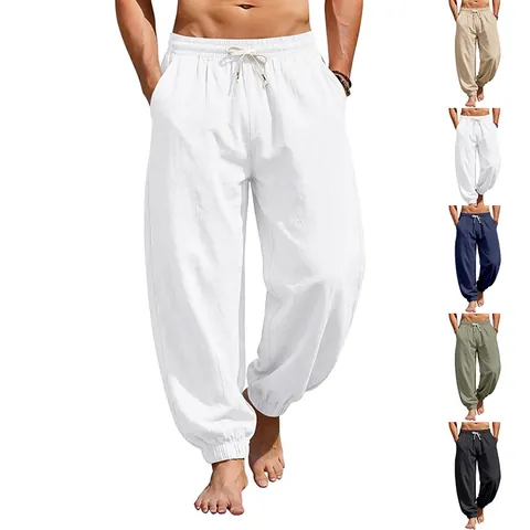 Men's Linen Cotton Blend Casual Trousers Loose Fit Drawstring Elastic Waist Beach Jogger Pants Summer Breathable Solid Color Bottoms