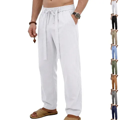 Men Loose Linen Blend Straight Leg Casual Pants Summer Breathable Drawstring Waist Solid Color Beach Vacation Bottom