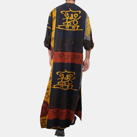 Men Ethnic Style Polyester Long Robe Casual Printed Round Neck Button Kaftan With Pockets Loose Fit Long Sleeve Thobe
