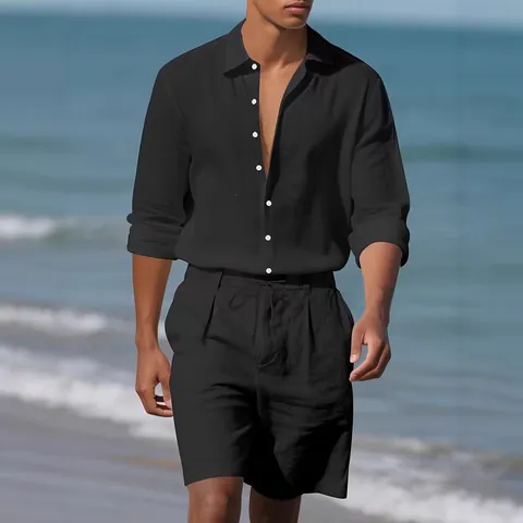 Herren Leinenmischung Casual Set Langarmhemd Und Kordelzug Shorts Einfarbig Sommer Strand Outfits Top And Bottom Kleidung