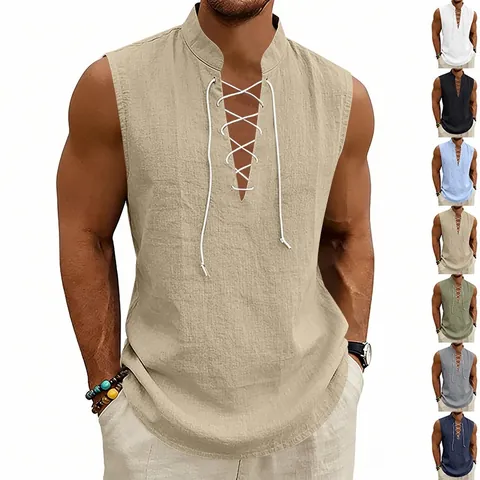 Men's Medieval Viking Vest Summer Linen Sleeveless Tank Top Retro V-Neck Drawstring Casual Loose Comfortable Lightweight Shirt