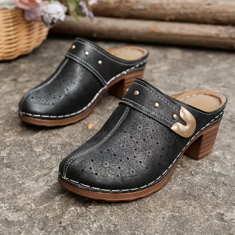 Women's Summer Vintage Hollow Out Chunky High Heel Sandals Laser Cut Floral Mules Metallic Buckle Synthetic Leather Clogs For Beach Holiday Casual Daily