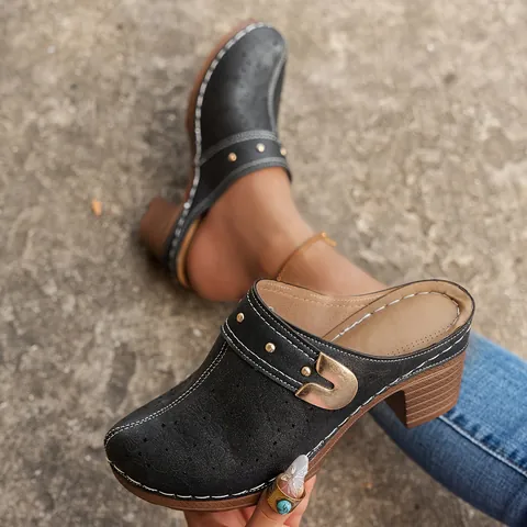 Women's Summer Vintage Hollow Out Chunky High Heel Sandals Laser Cut Floral Mules Metallic Buckle Synthetic Leather Clogs For Beach Holiday Casual Daily