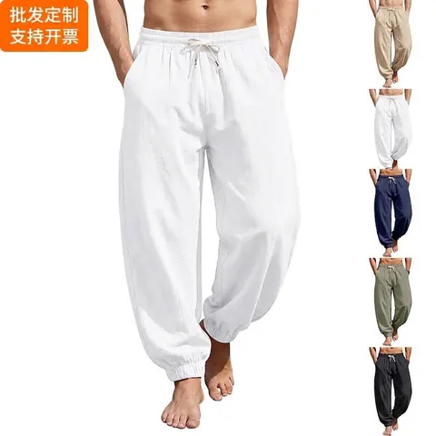 Men's Casual Linen Cotton Blend Jogger Pants Loose Fit Beach Lightweight Drawstring Elastic Waist Sweatpants For Men Autumn