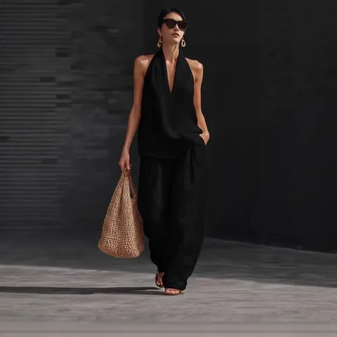 Women's Casual Polyester Halter V-Neck Sleeveless Top And Wide-Leg Pants Set Solid Color Summer Vacation Patchwork Outfit