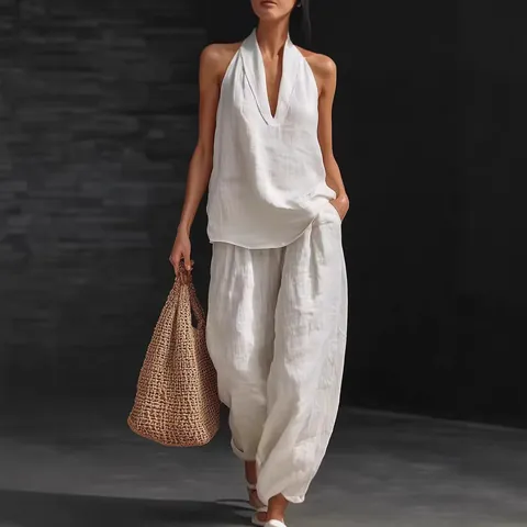 Women's Casual Polyester Halter V-Neck Sleeveless Top And Wide-Leg Pants Set Solid Color Summer Vacation Patchwork Outfit