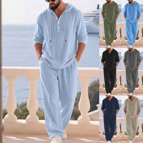 Linen Blend Casual Loose Solid Color Hooded Top And Bottom Set Long Sleeve Top Drawstring Long Pants For Men Women