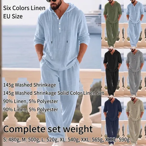 Linen Blend Casual Loose Solid Color Hooded Top And Bottom Set Long Sleeve Top Drawstring Long Pants For Men Women