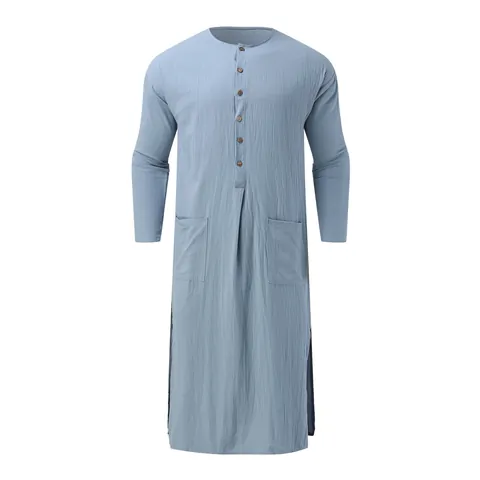 Túnica Kaftán Étnica para Hombre Cuello Alto Manga Larga Holgada Mezcla de Algodón Thawb Color Sólido Con Bolsillos Aberturas Laterales