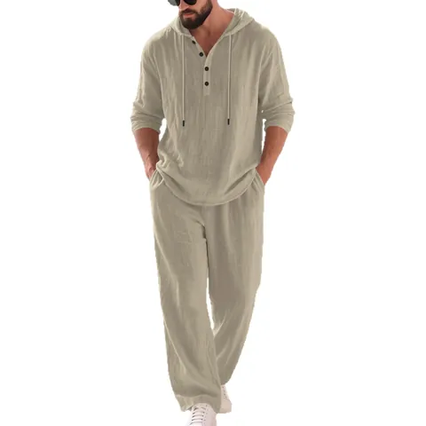 Herren Leinenmischung Freizeitanzug Kapuze Knopf Langarm Top And Bottom Sets Für Urlaub Strand Outdoor Komfort Freizeitkleidung
