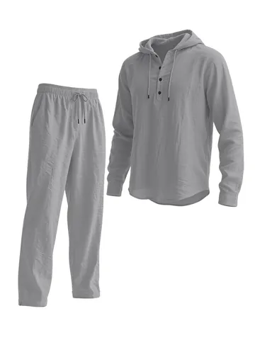 Herren Leinenmischung Freizeitanzug Kapuze Knopf Langarm Top And Bottom Sets Für Urlaub Strand Outdoor Komfort Freizeitkleidung