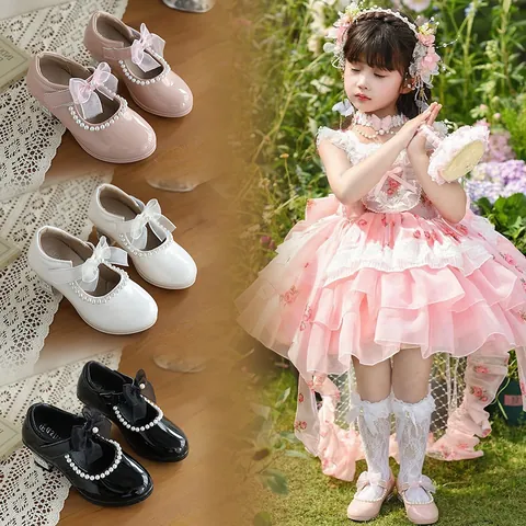 Girl Princess Leather Shoes Synthetic Leather Artificial Pearl Rhinestone Bowknot Square Heel British Style Wedding Party School Single Shoes