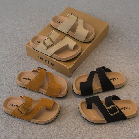 Kids Retro Roman Style Sandals For Girls Korean Fashion Toe Loop Slides Retro Metal Buckle Summer Princess Outdoor Beach Shoes