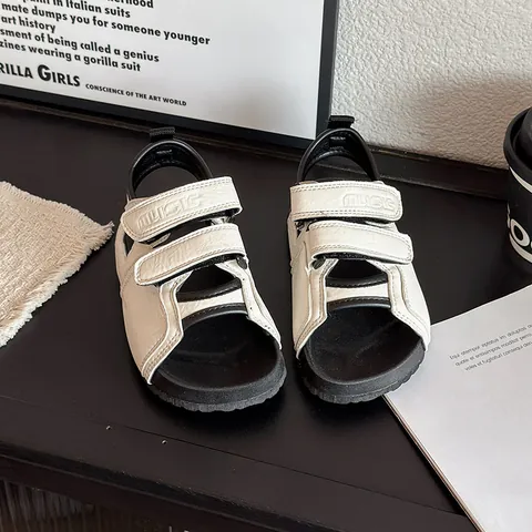 Korean Style Kids Beach Sandals Casual Open Toe Summer Shoes For Boys And Girls Double Velcro PU Leather Rubber Sole Sport Footwear