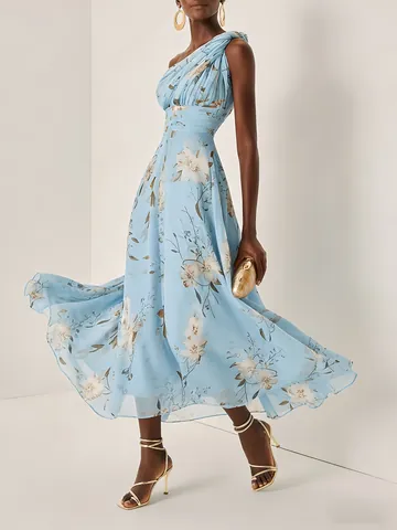 Vestito in Chiffon Monospalla con Stampa Floreale Elegante da Donna Vestito Midi Fluido Linea A per Spiaggia Tempo Libero