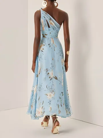 Vestito in Chiffon Monospalla con Stampa Floreale Elegante da Donna Vestito Midi Fluido Linea A per Spiaggia Tempo Libero