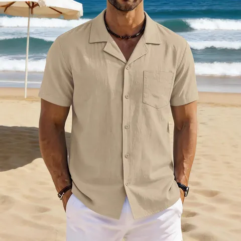 Men's Vintage Linen Cotton Short Sleeve Shirt Casual Loose Fit Camp Collar Shirt With Chest Pocket For Summer Beach Holiday