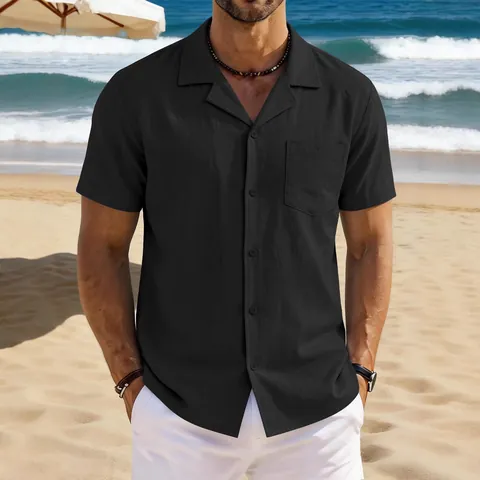 Men's Vintage Linen Cotton Short Sleeve Shirt Casual Loose Fit Camp Collar Shirt With Chest Pocket For Summer Beach Holiday