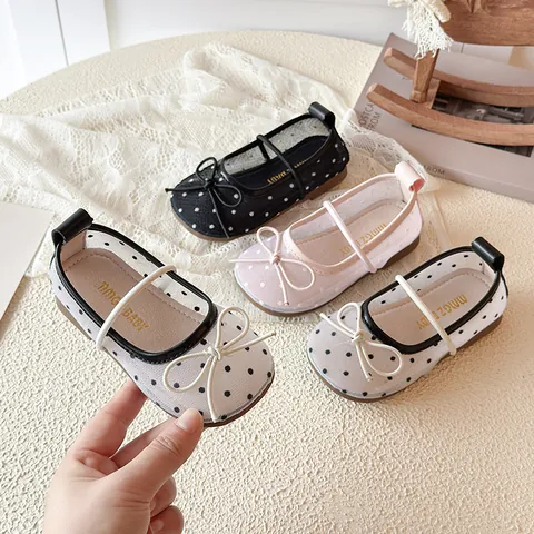 Girls Polka Dot Mesh Princess Shoes Breathable Synthetic Leather Bow Knot Soft Sole Mary Jane Flats Korean Style Lady Shoes