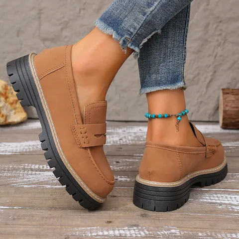 Women British Style Loafers PU Frosted Thick Lug Sole Casual Shoes Penny Loafers For Daily Office Wear Solid Color Shoes