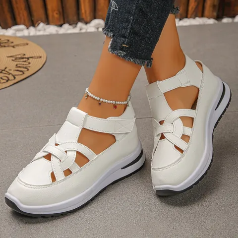 Women's Platform Wedge Sandals Roman Style Hollow Out Hook and Loop PU Leather Summer Casual Height Increasing Outdoor Shoes