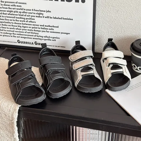 Summer Kids Korean Fashion PU Leather Roman Sandals Anti-slip Open Toe Velcro Beach Shoes For Boys Girls Casual Student Sport Sandals