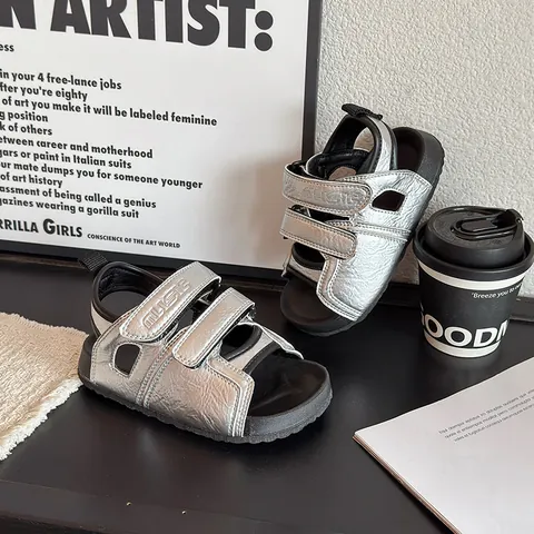Summer Kids Korean Fashion PU Leather Roman Sandals Anti-slip Open Toe Velcro Beach Shoes For Boys Girls Casual Student Sport Sandals