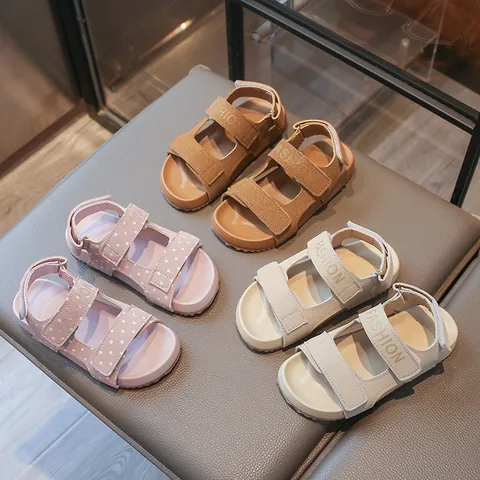 Kids Summer Sandals Cow Suede Leather Beach Shoes Boys Girls Open Toe Double Velcro Casual Fashion Flat Sandals Kids Shoes