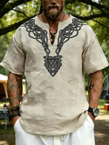Celtic Knot Print Men T-Shirt V-Neck Short Sleeve Casual Loose Summer Top Slub Texture Polyester Breathable Men Apparel