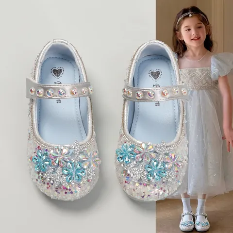 Scarpe Mary Jane da Bambina Principessa Con Decorazione a Fiori in Strass e Perle Artificiali Suola Morbida Antiscivolo Paillettes Scarpe Basse