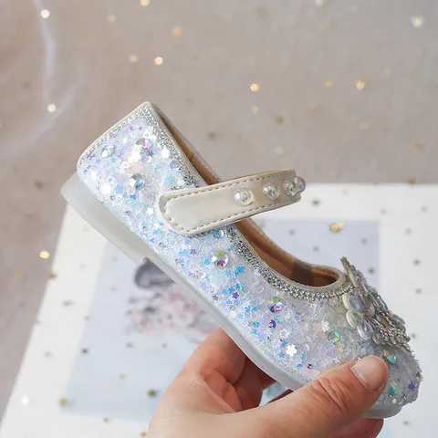 Scarpe Mary Jane da Bambina Principessa Con Decorazione a Fiori in Strass e Perle Artificiali Suola Morbida Antiscivolo Paillettes Scarpe Basse