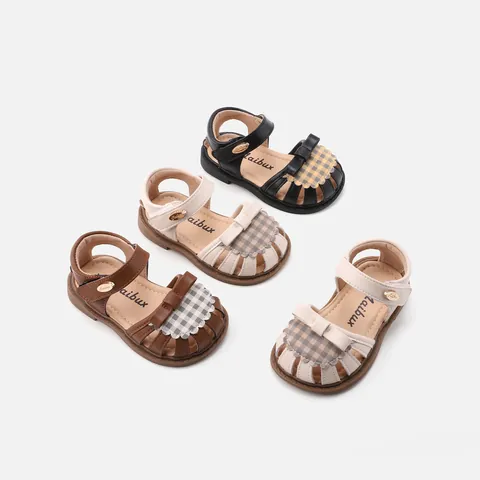 Baby Girl Toddler Shoes Closed Toe Non-Slip Soft Sole Sandals Plaid Bowknot Princess Style Synthetic Leather Summer Footwear