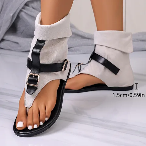Sandali alla Schiava da Donna in Camoscio Stivaletti Sandali Infradito Piatti Romani con Cerniera Posteriore Fibbia Scarpe Estive