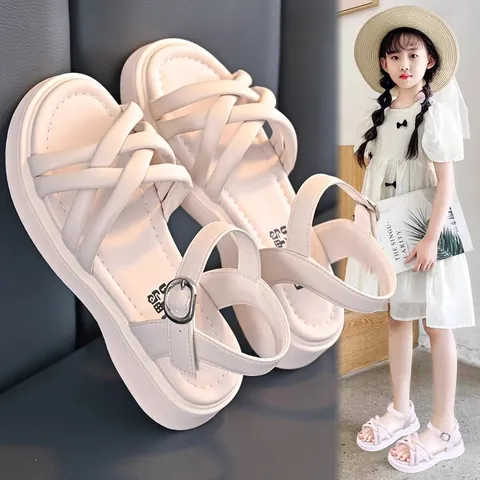 Fashion Kids Girls Princess Sandals Summer New Soft Sole Anti-Slip Beach Shoes Beige Black EVA Rubber Cross-Strap One-Strap Sandals For Big Kids Students