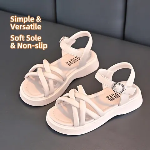Fashion Kids Girls Princess Sandals Summer New Soft Sole Anti-Slip Beach Shoes Beige Black EVA Rubber Cross-Strap One-Strap Sandals For Big Kids Students